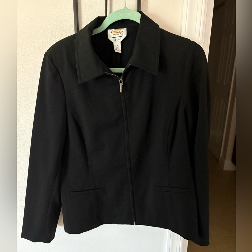 Talbots short blazer jacket womens 8 black zip front collared